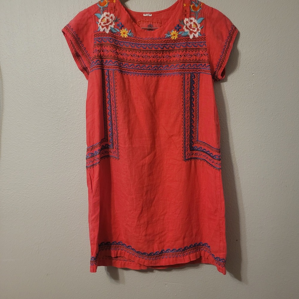 Johnny Was Los Angeles Red Embroidered 100% Linen Dress XS Short Sleeve